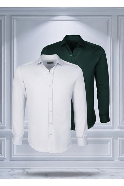 Todth Pack of 2 Easy-Iron Four Seasons Modern Fit Soft Textured White and Green Plain Shirts