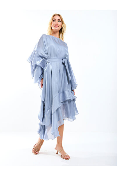 House of Moda By Styli Asymmetrical Layered A-Line Midi Dress with Tie-Belt