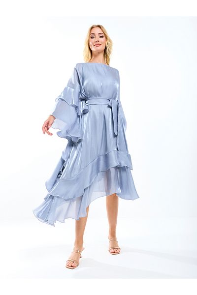 House of Moda By Styli Asymmetrical Layered A-Line Midi Dress with Tie-Belt
