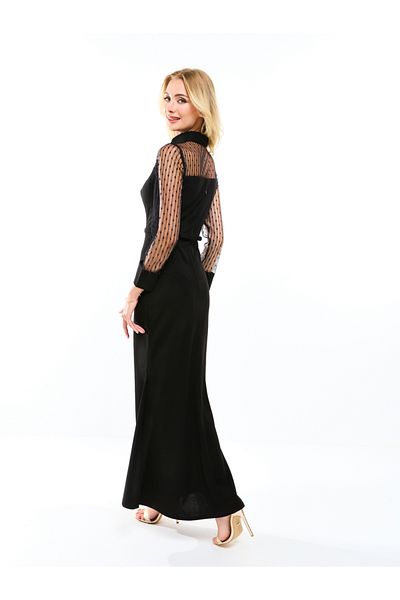 House of Moda By Styli Flocked Mesh Insert Keyhole Neck Maxi Dress