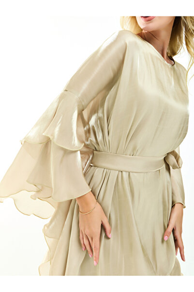 House of Moda By Styli Asymmetrical Layered A-Line Midi Dress with Tie-Belt