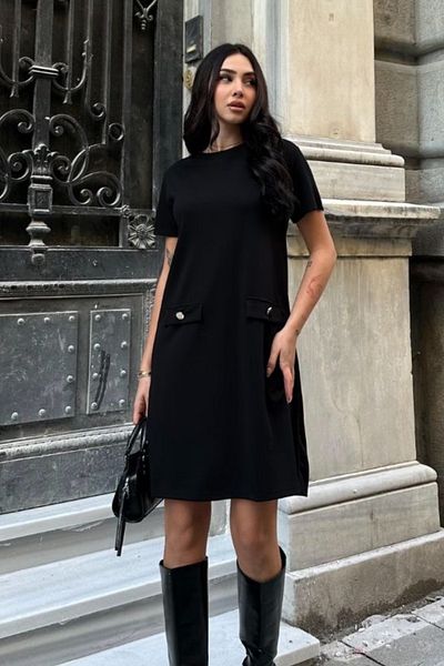 Ded COLLECTION Rochie modală pentru femei, cu mânecă scurtă, cu nasturi ornamentale, cu buzunare