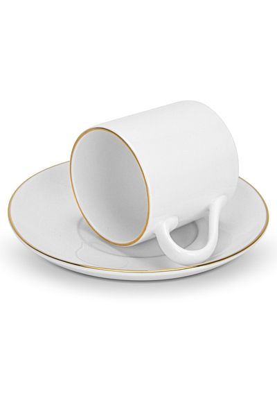 Fissman Porcelain Cups with Saucers 100mL Set of 2, New Bone China Golden Rim for Tea, Espresso