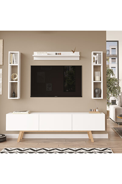 Robin Home Marlon Tv Ünitesi Raflı 3 Kapaklı 180cm Ahşap Ayaklı Beyaz
