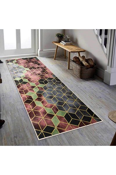 Homelux Berenice Non-Slip Rug, Rectangular, 80X200 Cm, Geometric, Grey, Black, Green, Burgundy, 60% Cotton