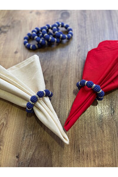 HALFART Lacivert Böğürtlen Boncuklu Gümüş Detaylı  6 Adet Peçete Yüzükleri