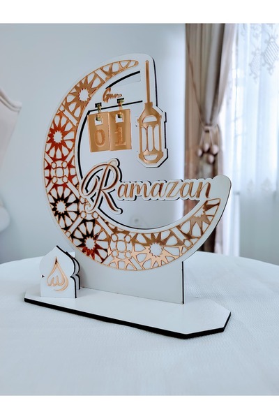 Joyygift RAMAZAN GÜN SAYACI AHŞAP MASA ÜSTÜ DEKORATİF BEYAZ AHŞAP GOLD PLEKSİ MASA TAKVİMİ RAMAZAN SAYAÇ