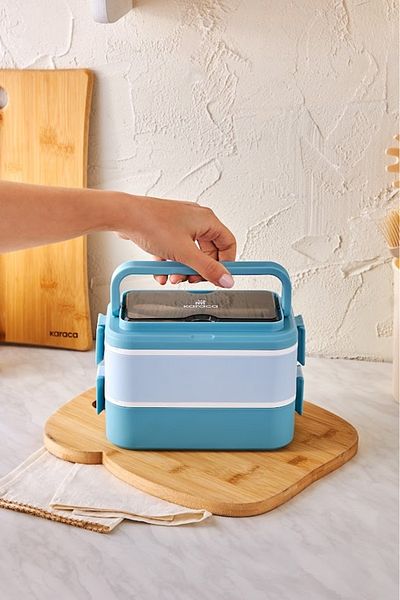 Karaca Blue Puga 2-Tier Steel Lunch Box with Lid Food Carrying and Storage Box