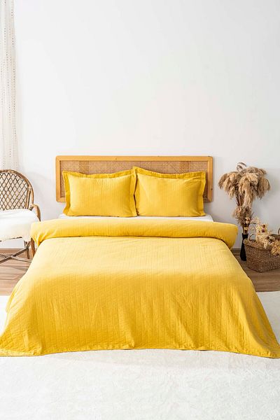 Rivaİstanbul Orella Yellow Double Jacquard Bedspread Set 3 Piece Sleeping Set