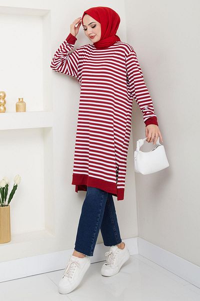hafsamina Burgundy Striped Combed Cotton Tunic - Hm2418