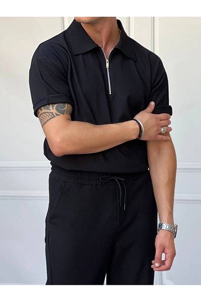 tetramoda Μπλουζάκι με κορδόνι με μισό φερμουάρ Polo γιακά