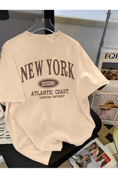 MODARİCH Μπλουζάκι New York Queens - Μπεζ Oversize με στάμπα με λαιμόκοψη με κοντό μανίκι φαρδύ