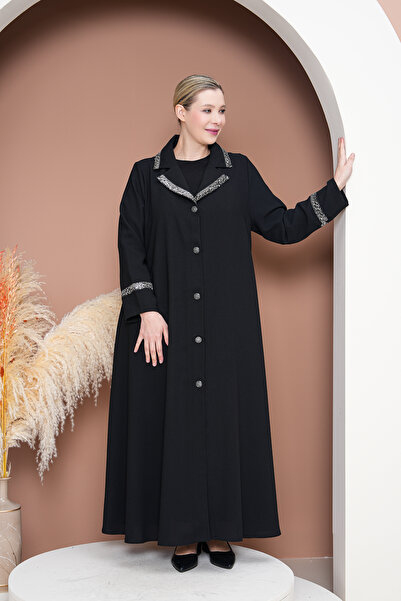 GigiTex HİJAP KREP DÜĞMELİ MEVLANA PUL PAYET DETAYLI CEPLİ ABAYA FERACE 42-48...