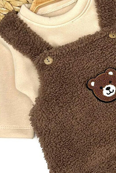 VALERY Baby Boy Bear Embroidered Plush Gardener Overalls Set Brown