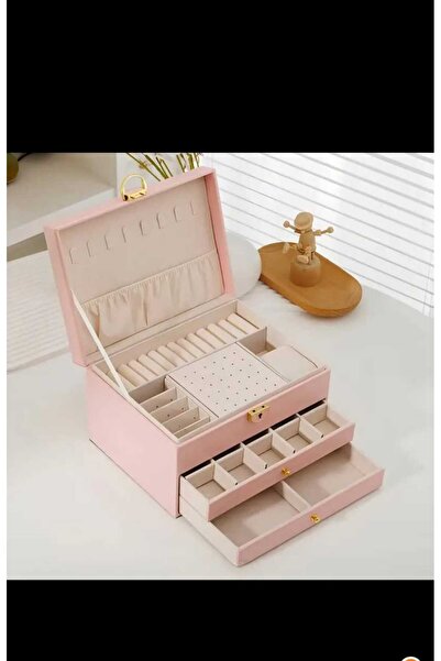 EMKSHOP صندوق مجوهرات من ثلاث طبقات قابل للقفل متعدد الوظائف محمول على شكل حل...