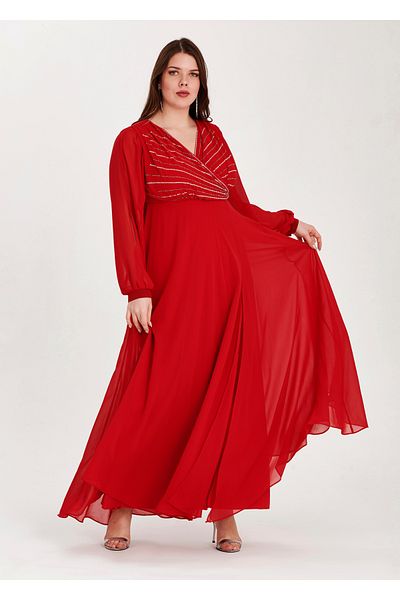 EVEN plus size فستان سهرة مقاس كبير باللون الأحمر مع تفاصيل ترتر ونافذة وأكمام