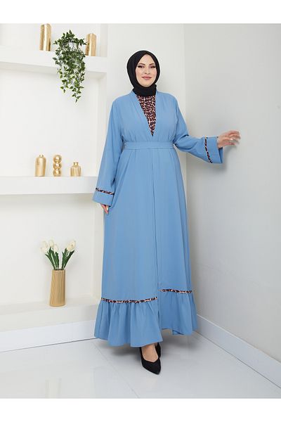 EFSUN MODA Set Abaya Testttür pentru femei cu model leopard - Albastru