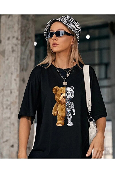 MODARİCH Black Bear Robot Printed Oversize T-Shirt - Crew Neck, Short Sleeve