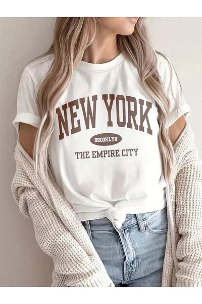 MODARİCH Μπλουζάκι New York Empire - Λευκό Oversize με στάμπα με λαιμόκοψη με κοντό μανίκι φαρδύ