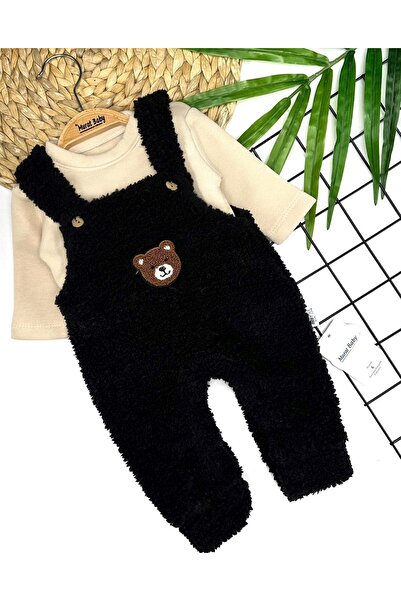 VALERY Baby Boy Bear Embroidered Plush Gardener Jumpsuit Set Black