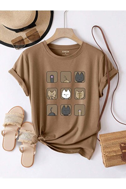 MODARİCH Tricou Bej Oversize Cute Cat - Decolteu, Maneca Scurta Imprimata