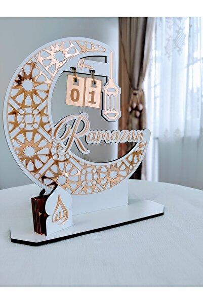 Joyygift RAMAZAN GÜN SAYACI AHŞAP MASA ÜSTÜ DEKORATİF BEYAZ AHŞAP GOLD PLEKSİ MASA TAKVİMİ RAMAZAN SAYAÇ