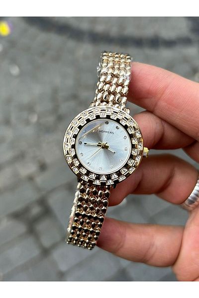 Choppers Elegant Gold Color Embroidered Steel for Women with Shiny Zircon Stone Special Occasions Stylish Women's Wristwatch