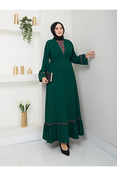 EFSUN MODA عباية حجاب نسائية بنقشة الفهد - طقم مكون من قطعتين باللون الزمردي