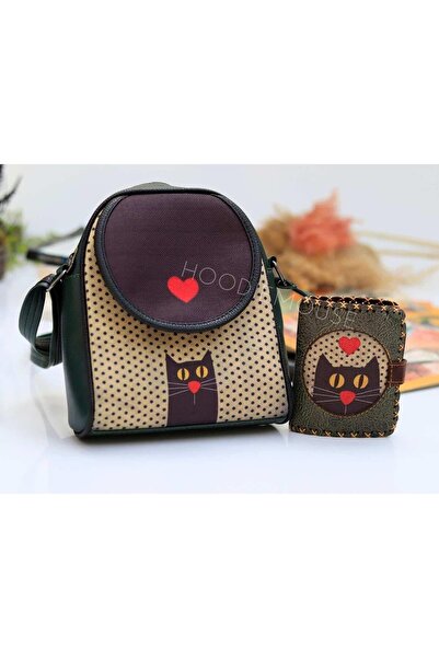 HOODİEMOUSE Kedi Aşkı Figürlü Küçük Postacı Çanta Yesil ve Küçük Cüzdan Yesil...