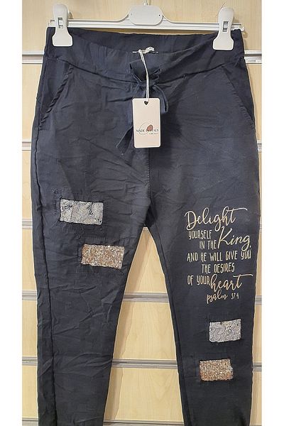 Park Moda Italian Pants with Written and Lace Detail