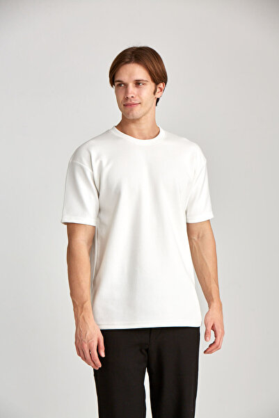 WERRONİ Erkek Oversize Baskısız Double Face Kalın Beyaz T-Shirt