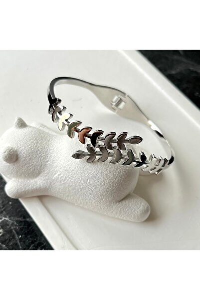 Sasa Steel Jewelry Gümüş Yaprak Desenli Çelik Kelepçe Bileklik
