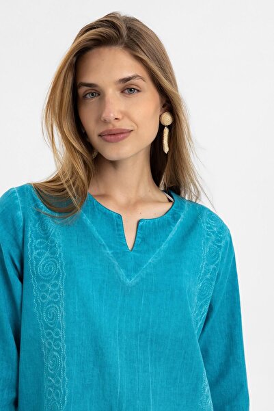 Deriderim Довгорукава бірюзова сукня з вишивкою, без підкладки, з бавовняної тканини