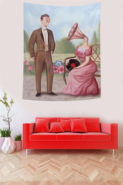 on the clouds Music Themed Woman and Man Stain Resistant Fabric Wall Drape Tapestry