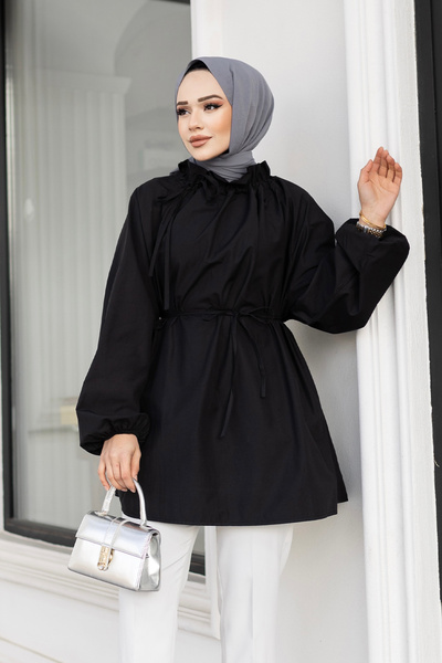 LOCCO Women's Lapel Drawstring Waist Tie-Up Tunic Black