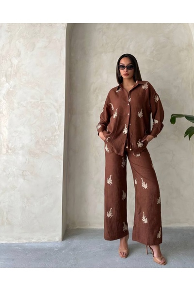 TOPSHOW Hlače sa detaljnim vezom Široke nogavice Lan