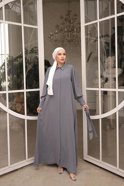 Nissra Ankanoor Gray Hidden Placket Buttoned Ferace Anka 255044