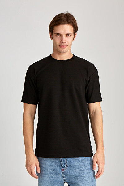 WERRONİ Erkek Oversize Baskısız Double Face Kalın Siyah T-Shirt