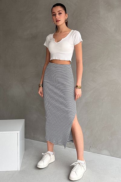 Rabi Shine Rabi̇ Shi̇ne Women's Slit Camisole Striped Skirt