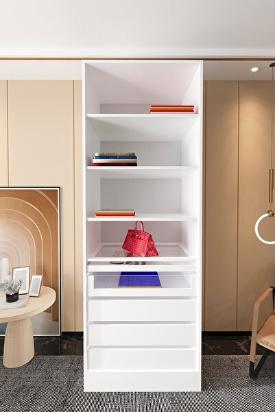 Mercie 80 Cm'lik 4 Raflı 5 Çekmeceli Cam Raflı Çekmeceli Takılıklı Giyinme Dolap-beyaz