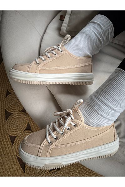 İnan Ayakkabı Women's Beige High Sole Sneaker 1St Quality Linen Fabric Lace-Up Sneakers (Sole 4 cm)