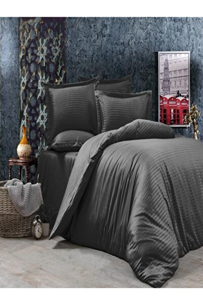 vionetta طقم غطاء لحاف مفرد من القطن الساتان المخطط من سلسلة فنادق أنثراسايت ...