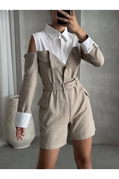 SHUGAA KADIN GÖMLEKLİ KETEN ŞORT TULUM