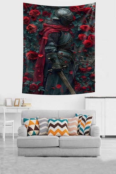 on the clouds Red Rose Detailed Knight with Sword Tapestry - Non-Stick Fabric, Wall Cover and Carpet