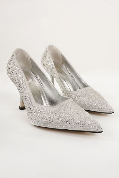 Eray Women's Silver Pointed Toe Stone Evening Shoes