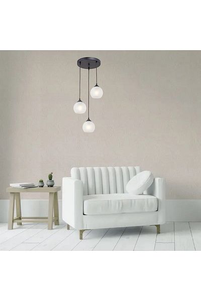 RİOLİGHT Black Metal Body - Vintage, Retro, Rustic Modern Opal Glass Pendant Lamp Chandelier Diameter: 30cm with 3Xe27 Lampholder