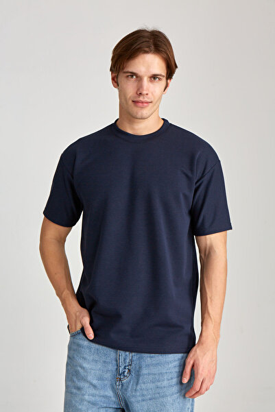 WERRONİ Erkek Oversize Baskısız Double Face Kalın Lacivert T-Shirt