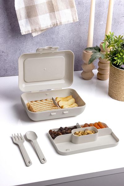 Okyanus Home Beige Lunch Box 2 Layers 5 Compartments Lunch Box with Self Fork and Spoon