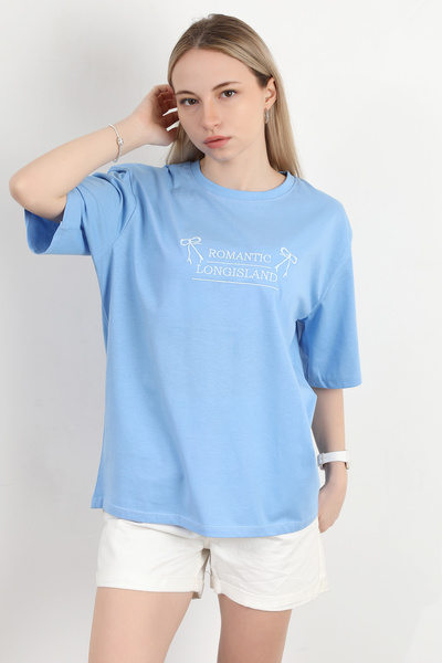 GİYSA Γυναικείο T-Shirt με μπλε κεντημένο λαιμόκοψη - 925017