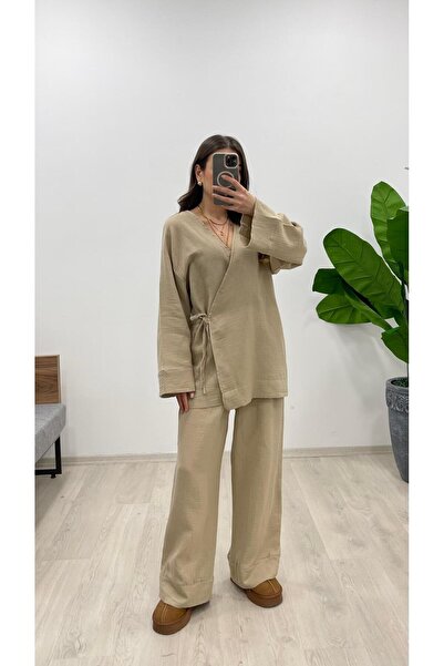 Nazline بدلة نسائية من القماش المسلم برباط جانبي وخصر مطاطي وواسعة الساق